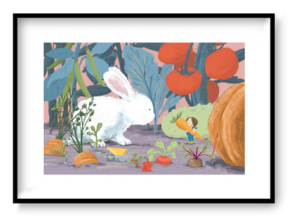 "Year of the Rabbit" art print by Willy Leung featuring a giant white rabbit and a tiny girl harvesting vegetables in a whimsical garden. Giclée printed on Hahnemühle paper.
