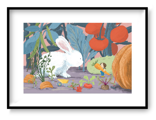 "Year of the Rabbit" art print by Willy Leung featuring a giant white rabbit and a tiny girl harvesting vegetables in a whimsical garden. Giclée printed on Hahnemühle paper.