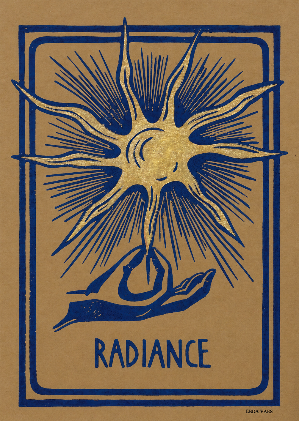 Radiance linocut print by Belgian artist Leda Vaes featuring a golden abstract sun with blue rays and a hand illustration on handmade paper in A4 format.