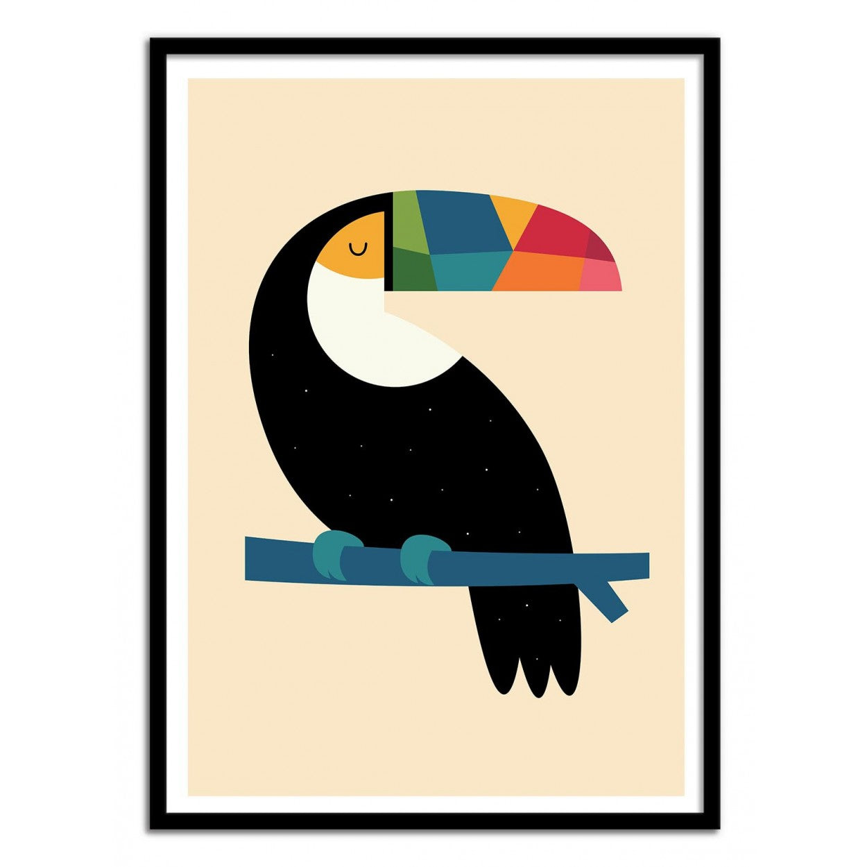 Rainbow Toucan by Andy Westface – 30x40 cm art print of a toucan with a multicolored beak and starry black feathers, perched on a blue branch. Minimalist and playful wall art, ideal for children’s bedrooms and modern interiors.