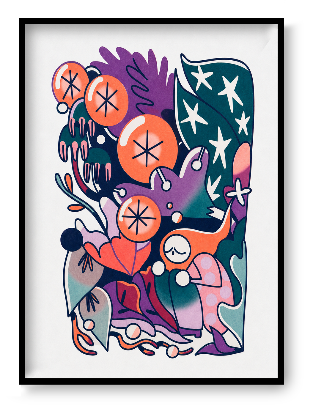 Rain Forest by Auwnanas, vertical A3 risograph art print featuring a small figure surrounded by oversized orange fruit, tropical leaves and playful creatures in teal, purple, pink and navy, ideal for colourful modern wall decor.