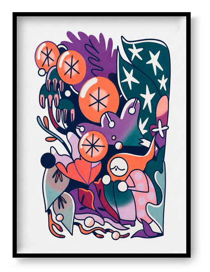 Rain Forest by Auwnanas, vertical A3 risograph art print featuring a small figure surrounded by oversized orange fruit, tropical leaves and playful creatures in teal, purple, pink and navy, ideal for colourful modern wall decor.