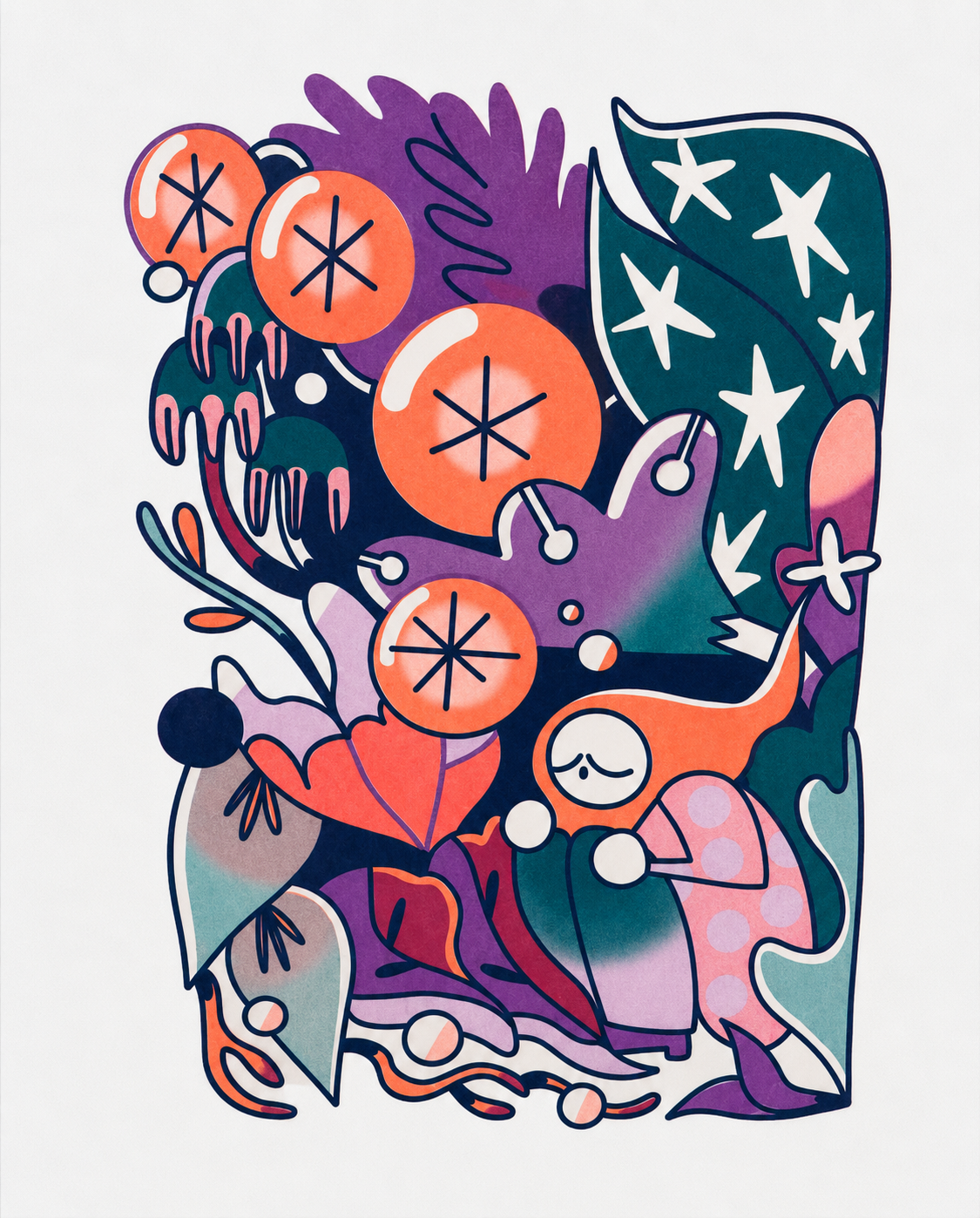 Rain Forest by Auwnanas, vertical A3 risograph art print featuring a small figure surrounded by oversized orange fruit, tropical leaves and playful creatures in teal, purple, pink and navy, ideal for colourful modern wall decor.