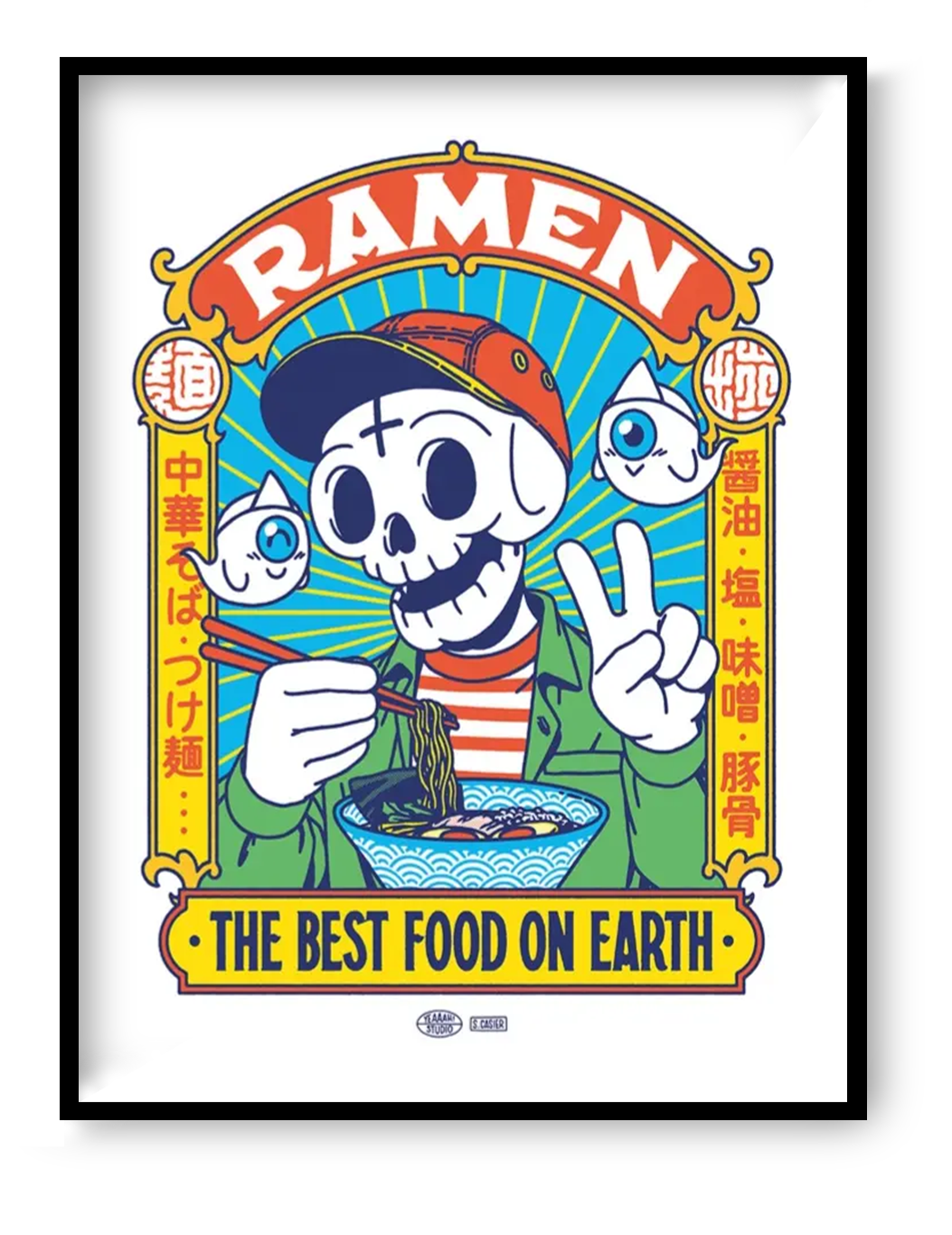 Ramen Best Food art print by Yeaaah Studio featuring skeleton character eating ramen with colorful Japanese pop culture illustration kitchen wall decor