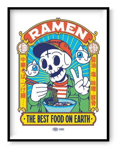 Ramen Best Food art print by Yeaaah Studio featuring skeleton character eating ramen with colorful Japanese pop culture illustration kitchen wall decor