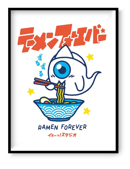 Ramen Forever poster by Yeaaah Studio showing cute Japanese ghost character eating ramen in colorful modern pop art style kitchen wall decoration