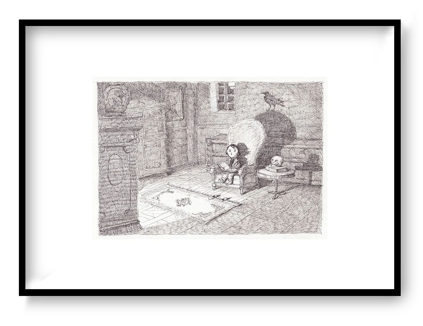 Atmospheric gothic illustration by Willy Leung featuring a solitary girl seated in a shadowy interior with a raven perched behind her, rendered in detailed graphite pencil textures as a 30 x 40 cm giclée art print.
