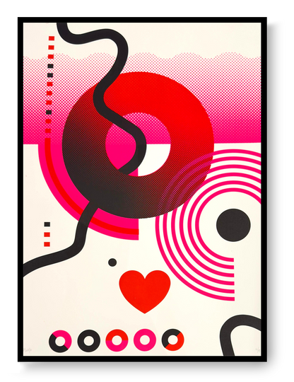 Limited edition Circles & Hearts screen print by PLUMO, 50x70 cm hand-pulled silkscreen on 300g art paper featuring bold geometric circles, halftone gradients, flowing black lines and heart motif in vibrant red, pink and blue colour variations, modern contemporary wall art for design interiors in Belgium and Europe.