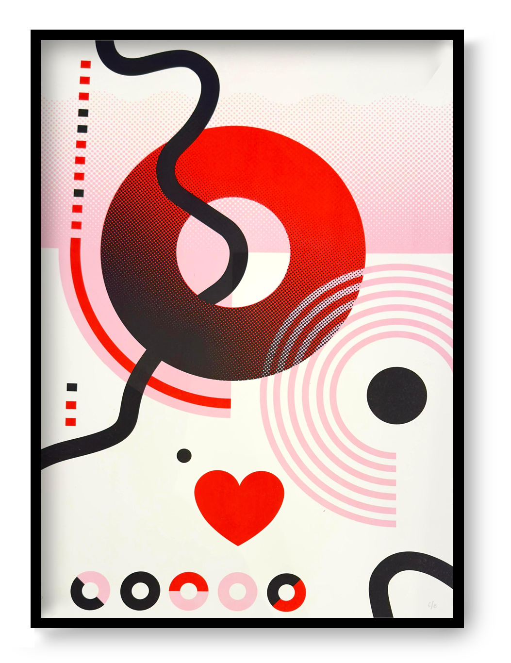 Limited edition Circles & Hearts screen print by PLUMO, 50x70 cm hand-pulled silkscreen on 300g art paper featuring bold geometric circles, halftone gradients, flowing black lines and heart motif in vibrant red, pink and blue colour variations, modern contemporary wall art for design interiors in Belgium and Europe.