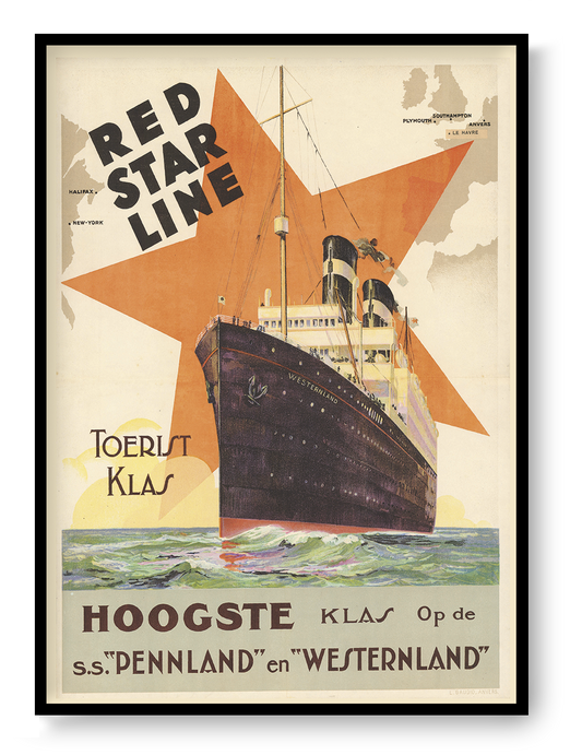 Vintage Red Star Line travel poster featuring the steamship Westernland against a large orange star, printed in portrait format as maritime wall art for classic and eclectic interiors.