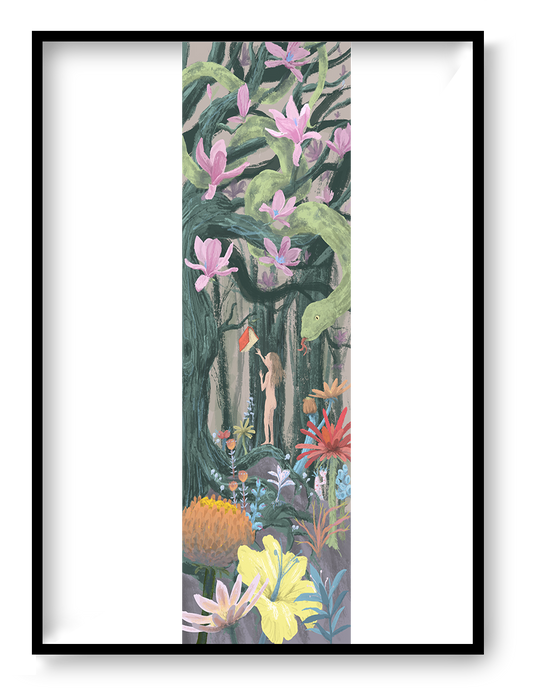 Religion giclée art print by Willy Leung in vertical format showing a symbolic forest scene with flowers, a snake, and a human figure, printed on fine art paper.
