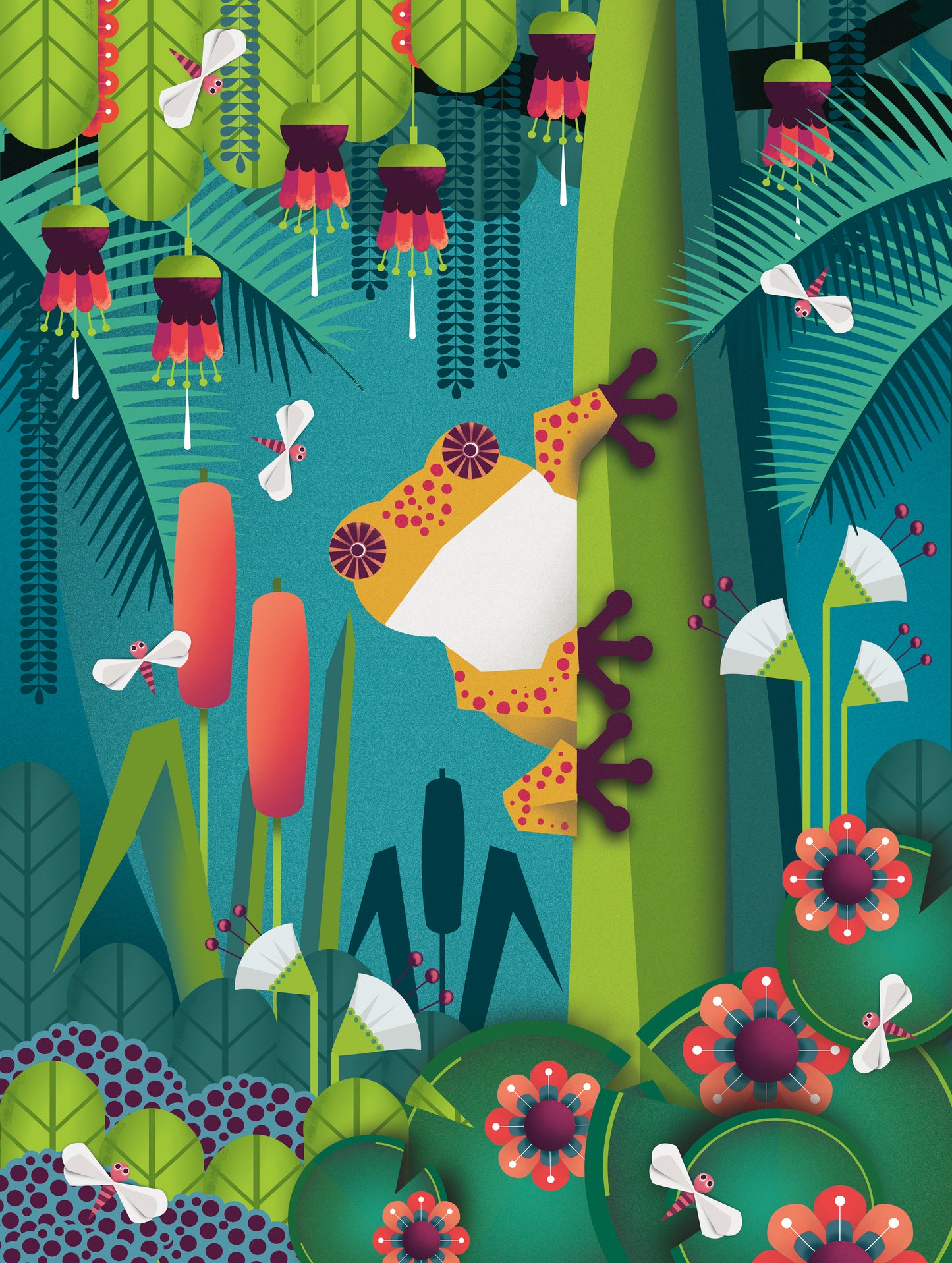 Colorful frog jungle illustration art print by Studio Frits featuring a stylized frog in a tropical forest, modern nature wall art.