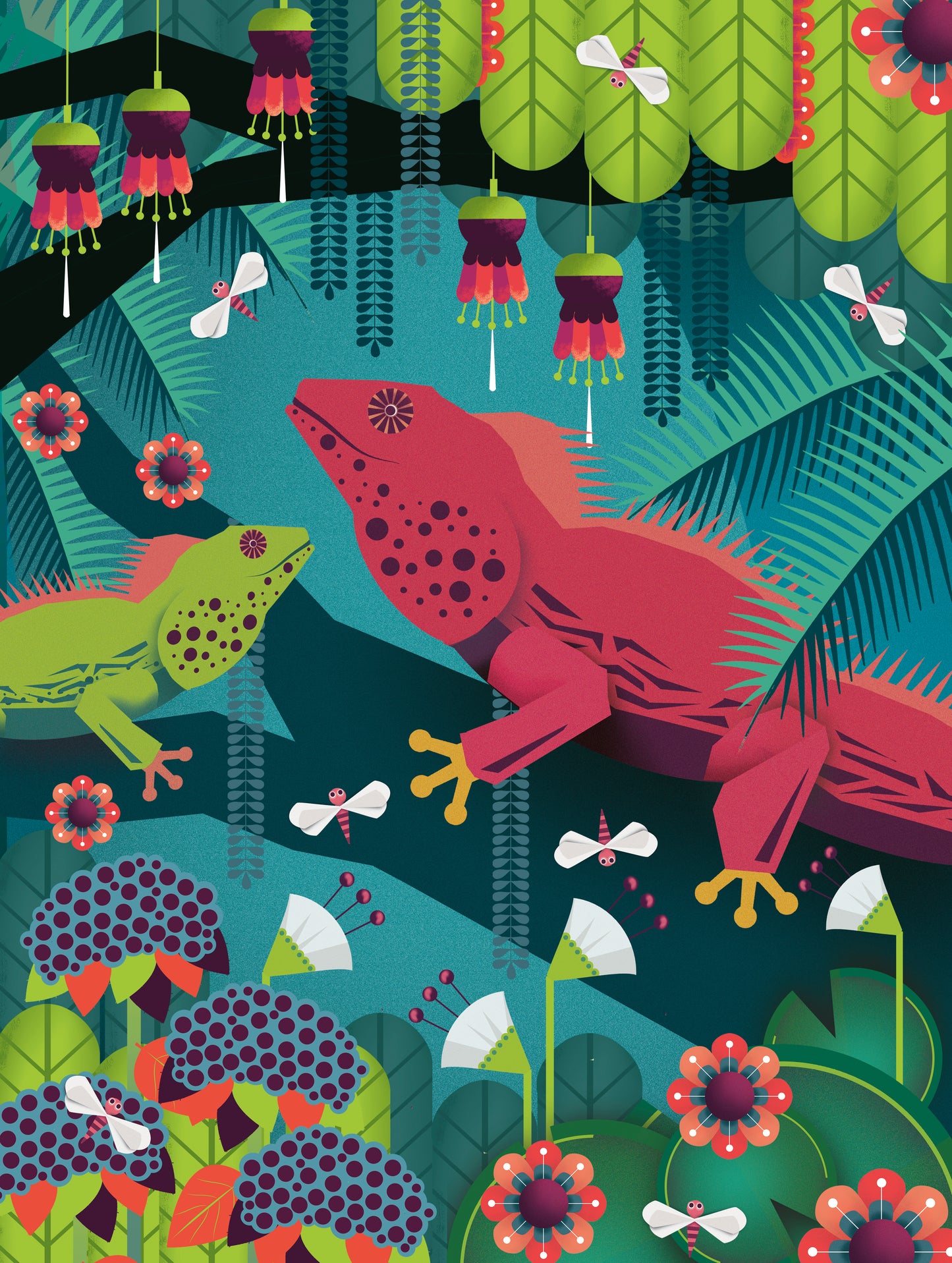 Colorful tropical art print with illustrated iguanas and jungle plants by Belgian illustrator Gert Paenen, bold nature wall art in 30x40 cm format.