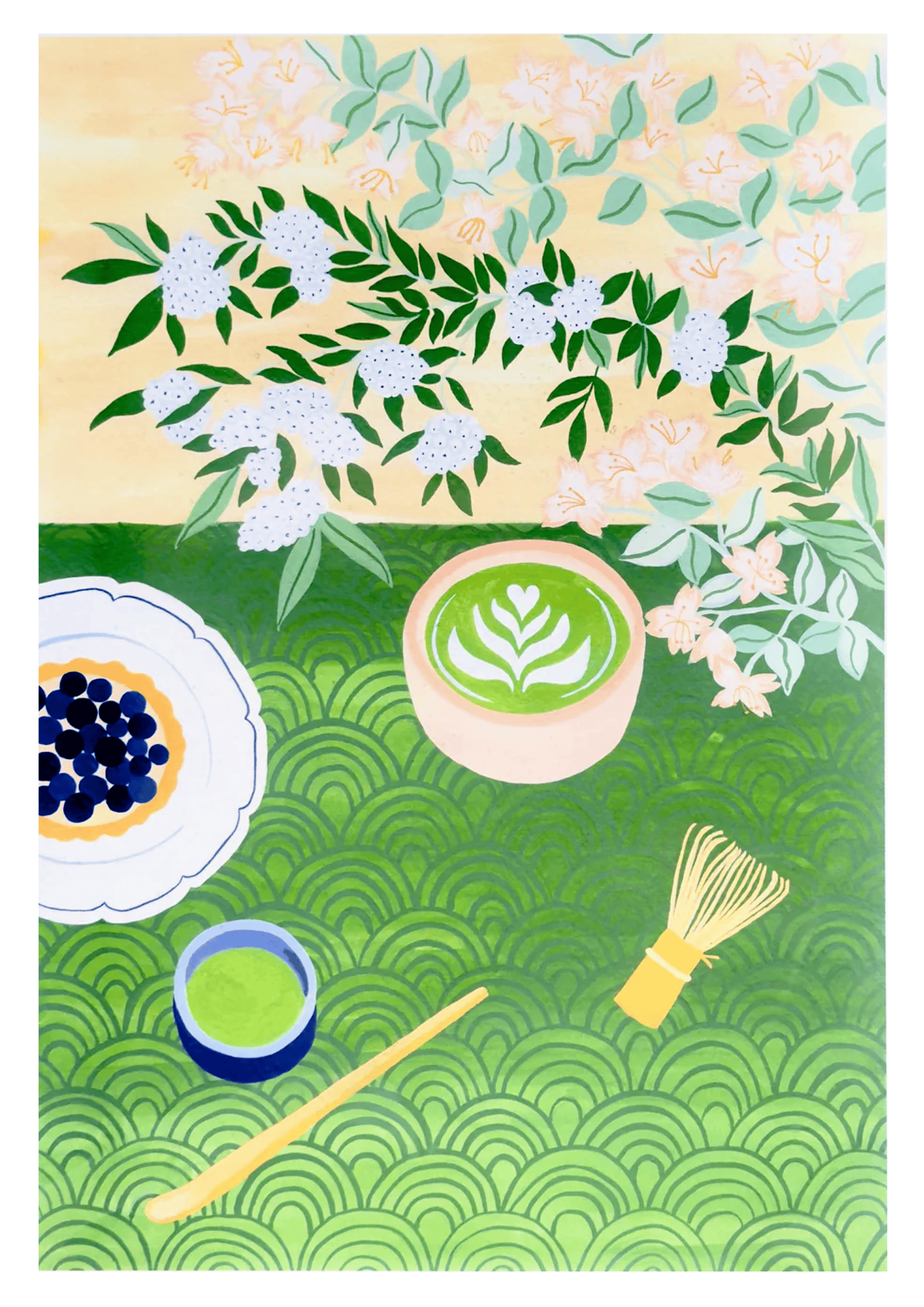 A3 art print "Matcha Time" by Leens featuring a flat-lay composition with a matcha latte in a ceramic bowl, bamboo whisk, green tea cup, tart with blueberries, floral branches, and Japanese wave patterns. Perfect for tea lovers and kitchen decor.