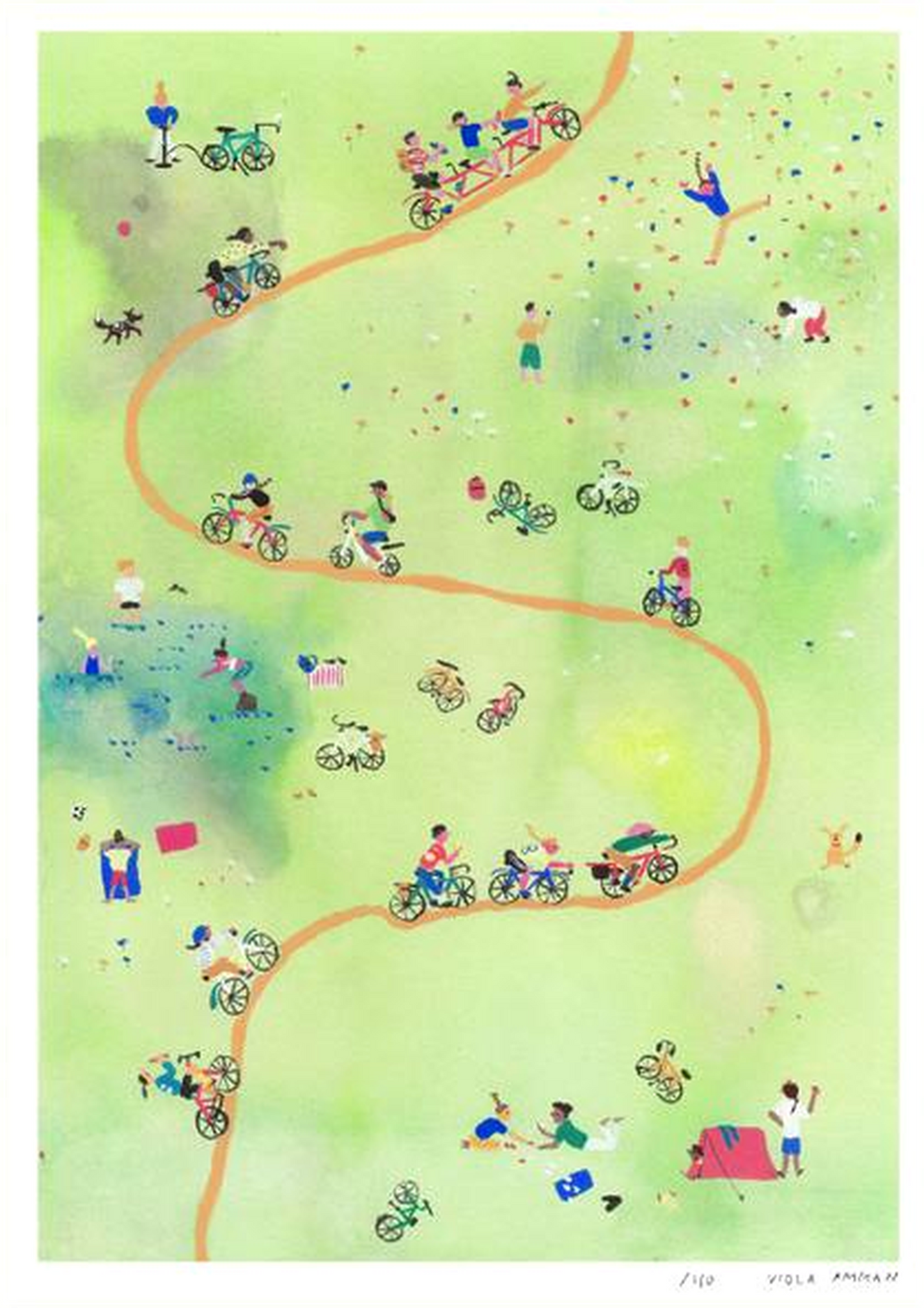 Limited edition A3 risograph print by Viola Amman showing cyclists and small figures moving through a soft green landscape, playful and airy composition, contemporary illustration printed on Munken Print White paper, signed and numbered art print.