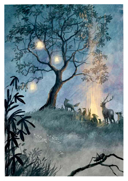 Dreamlike digital art print Boom by Belgian illustrator Stien van Kerckhoven, showing forest animals gathered around a glowing fire under a tree with lanterns — a magical night scene evoking peace, warmth, and wonder. Perfect wall art for cozy, nature-inspired interiors.
