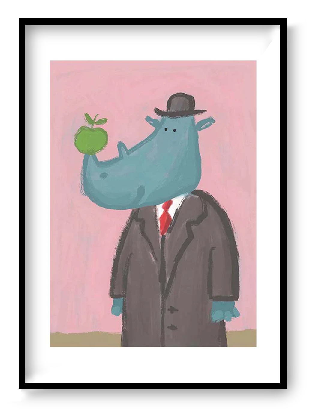 Surreal rhino illustration by Willy Leung featuring a blue rhinoceros in a formal suit and hat holding a green apple against a soft pink background, printed as an A4 archival giclée art print.