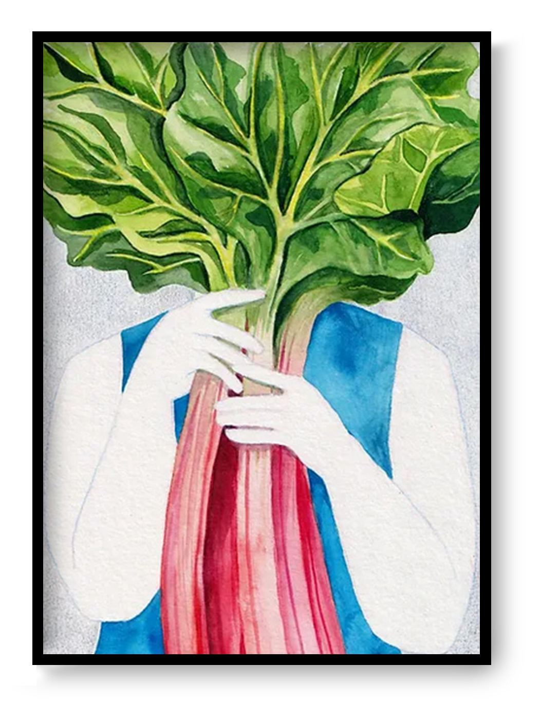 Surreal watercolor illustration of a person holding vibrant rhubarb leaves in front of their face, printed as a vertical giclée art print in rich green, pink, and blue tones, ideal for kitchen wall art and contemporary home décor.