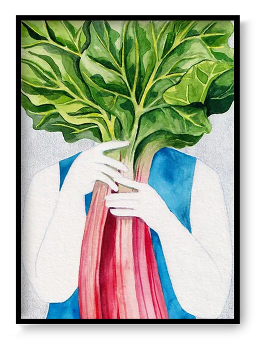 Surreal watercolor illustration of a person holding vibrant rhubarb leaves in front of their face, printed as a vertical giclée art print in rich green, pink, and blue tones, ideal for kitchen wall art and contemporary home décor.