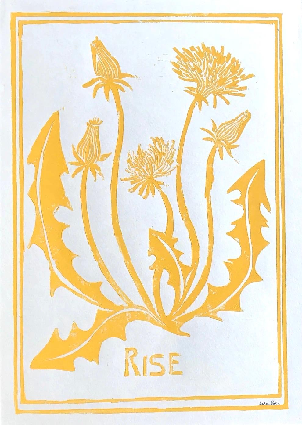 Handmade yellow linocut art print by Belgian artist Leda Vaes titled “Rise,” featuring stylized dandelion flowers and leaves carved in a bold, organic design; A4 nature-inspired print with warm, uplifting botanical energy.