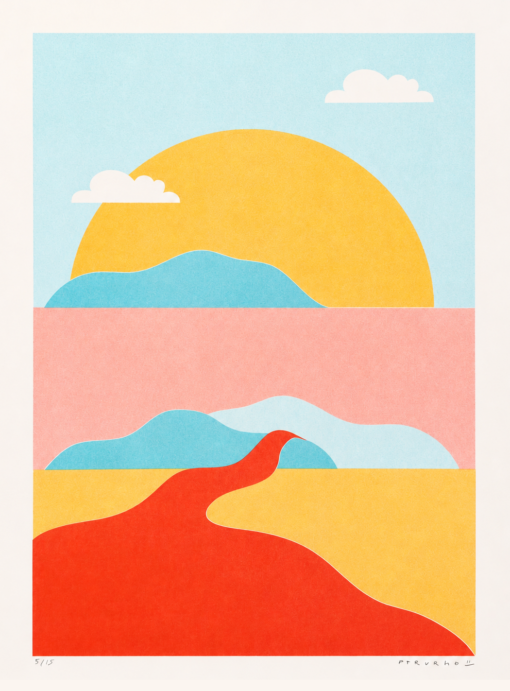 River Landscape Pastel limited A3 risograph art print by PTRVRKD featuring abstract hills, sun, and flowing river shapes in soft pastel colors, signed and numbered edition.