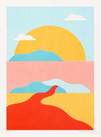 River Landscape Pastel limited A3 risograph art print by PTRVRKD featuring abstract hills, sun, and flowing river shapes in soft pastel colors, signed and numbered edition.