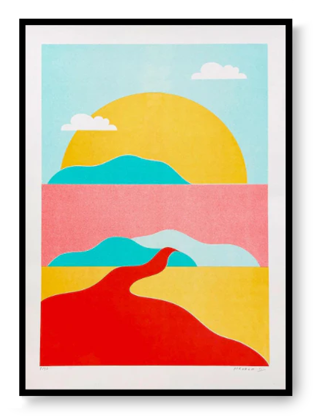 River Landscape Pastel limited A3 risograph art print by PTRVRKD featuring abstract hills, sun, and flowing river shapes in soft pastel colors, signed and numbered edition.