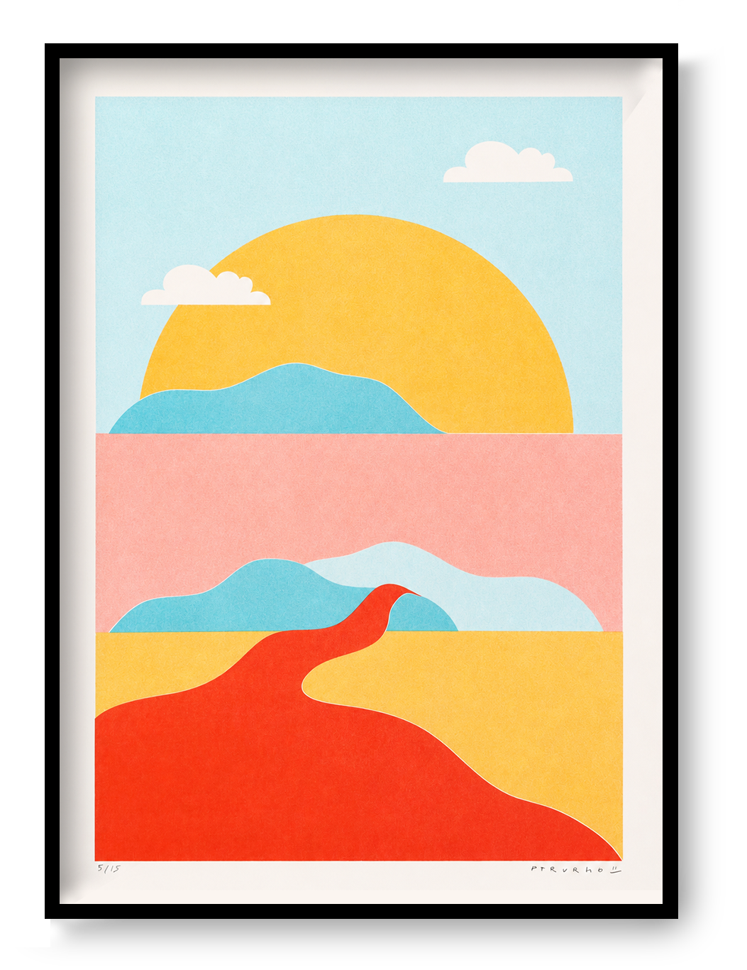 River Landscape Pastel limited A3 risograph art print by PTRVRKD featuring abstract hills, sun, and flowing river shapes in soft pastel colors, signed and numbered edition.