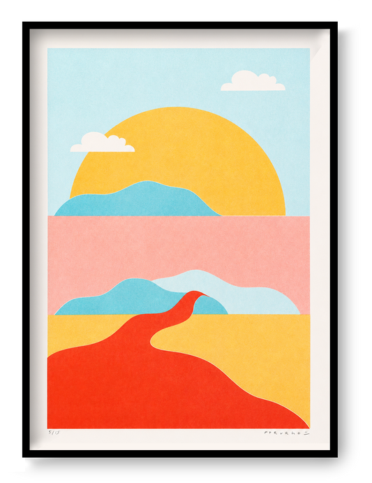 River Landscape Pastel limited A3 risograph art print by PTRVRKD featuring abstract hills, sun, and flowing river shapes in soft pastel colors, signed and numbered edition.