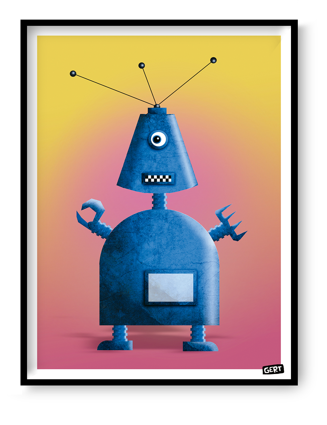 Robot 1 art print by Gert Paenen featuring a blue retro robot character on a vibrant yellow and pink background, contemporary illustration print for modern wall decor, creative workspace art, and playful home decoration.