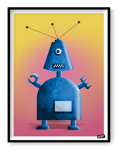 Robot 1 art print by Gert Paenen featuring a blue retro robot character on a vibrant yellow and pink background, contemporary illustration print for modern wall decor, creative workspace art, and playful home decoration.