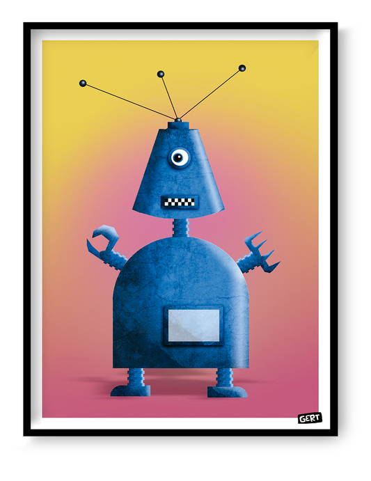 Robot 1 art print by Gert Paenen featuring a blue retro robot character on a vibrant yellow and pink background, contemporary illustration print for modern wall decor, creative workspace art, and playful home decoration.