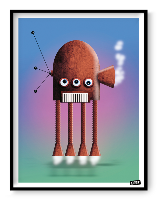 Robot 2 by Gert Paenen digital art print featuring a whimsical flying robot with three eyes, rocket legs, and a textured metallic body against a colorful gradient background. Contemporary sci-fi wall art for modern interiors and creative spaces.