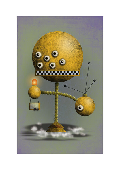 Yellow Robot retro futuristic illustration by Gert Paenen showing a quirky golden mechanical character with multiple eyes and geometric shapes in a surreal sci-fi design art print