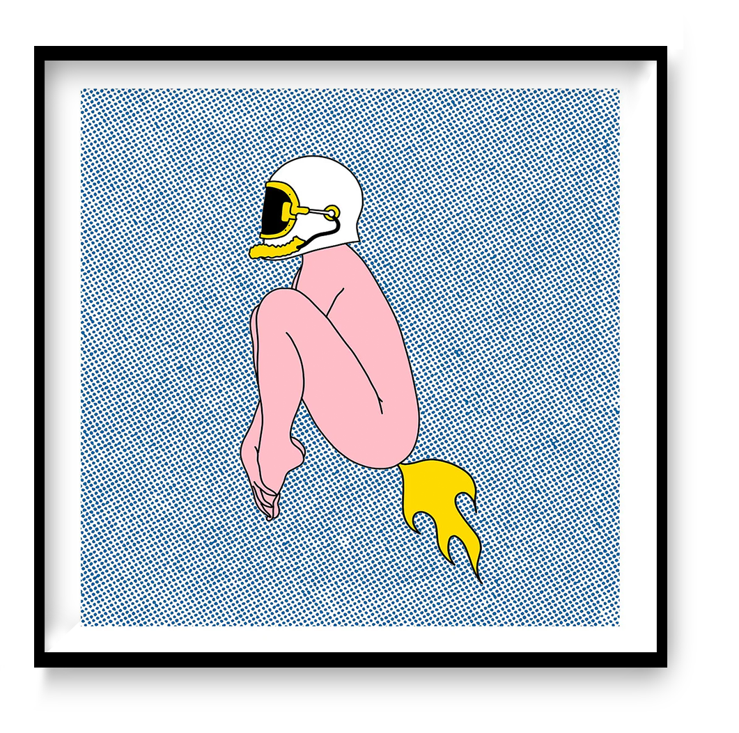 Surreal digital art print featuring a seated pink figure wearing a motorcycle helmet with a yellow rocket flame, set against a blue halftone background. Minimalist contemporary illustration with bold colors, square format wall art for modern interiors.