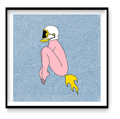 Surreal digital art print featuring a seated pink figure wearing a motorcycle helmet with a yellow rocket flame, set against a blue halftone background. Minimalist contemporary illustration with bold colors, square format wall art for modern interiors.