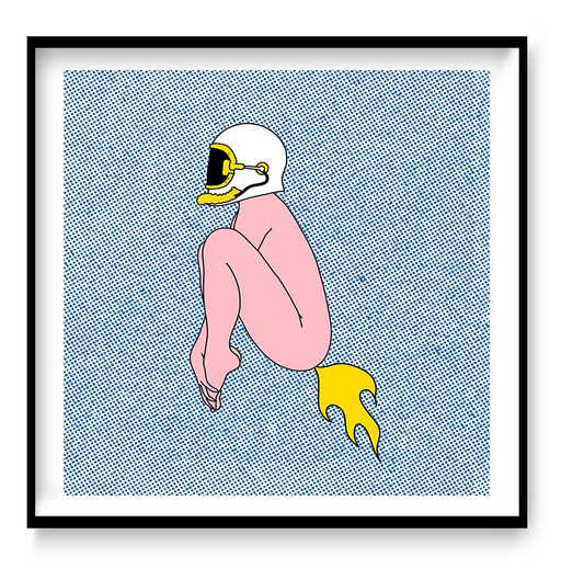 Surreal digital art print featuring a seated pink figure wearing a motorcycle helmet with a yellow rocket flame, set against a blue halftone background. Minimalist contemporary illustration with bold colors, square format wall art for modern interiors.