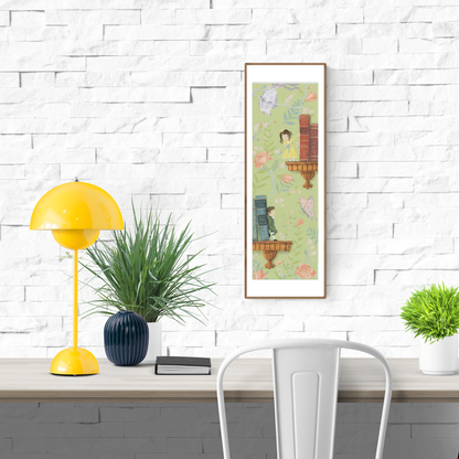 Romance giclée art print by Willy Leung in vertical format featuring a poetic illustrated scene with books, flowers, and soft pastel tones, printed on fine art paper.