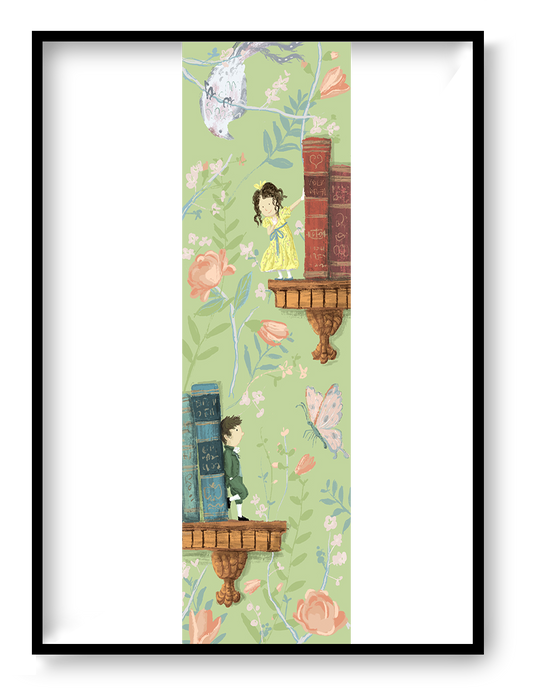 Romance giclée art print by Willy Leung in vertical format featuring a poetic illustrated scene with books, flowers, and soft pastel tones, printed on fine art paper.