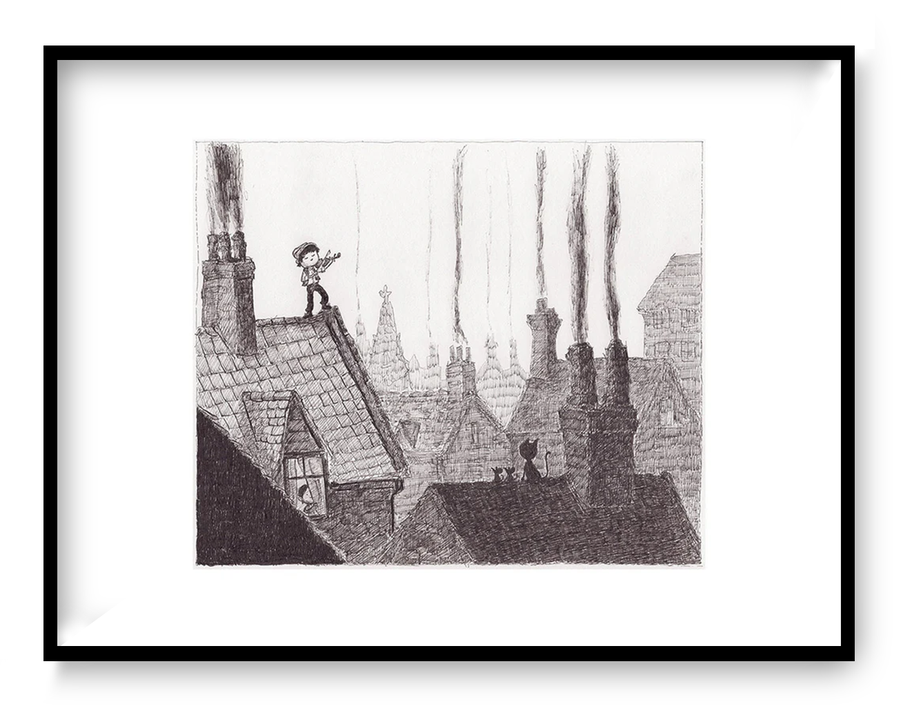 Horizontal black-and-white giclée print by Willy Leung showing a young violinist on an old rooftop, cats, chimneys and tall trees in a finely drawn storybook cityscape, ideal for a reading nook, study or calm living room wall.