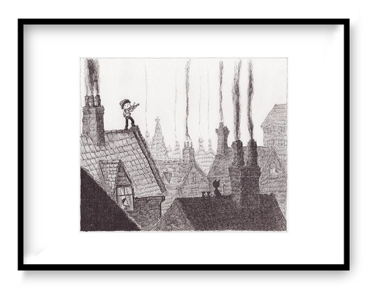 Horizontal black-and-white giclée print by Willy Leung showing a young violinist on an old rooftop, cats, chimneys and tall trees in a finely drawn storybook cityscape, ideal for a reading nook, study or calm living room wall.