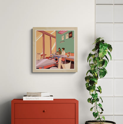 couple eating noodles in cozy restaurant interior illustration modern food lifestyle wall art kitchen dining room decor print