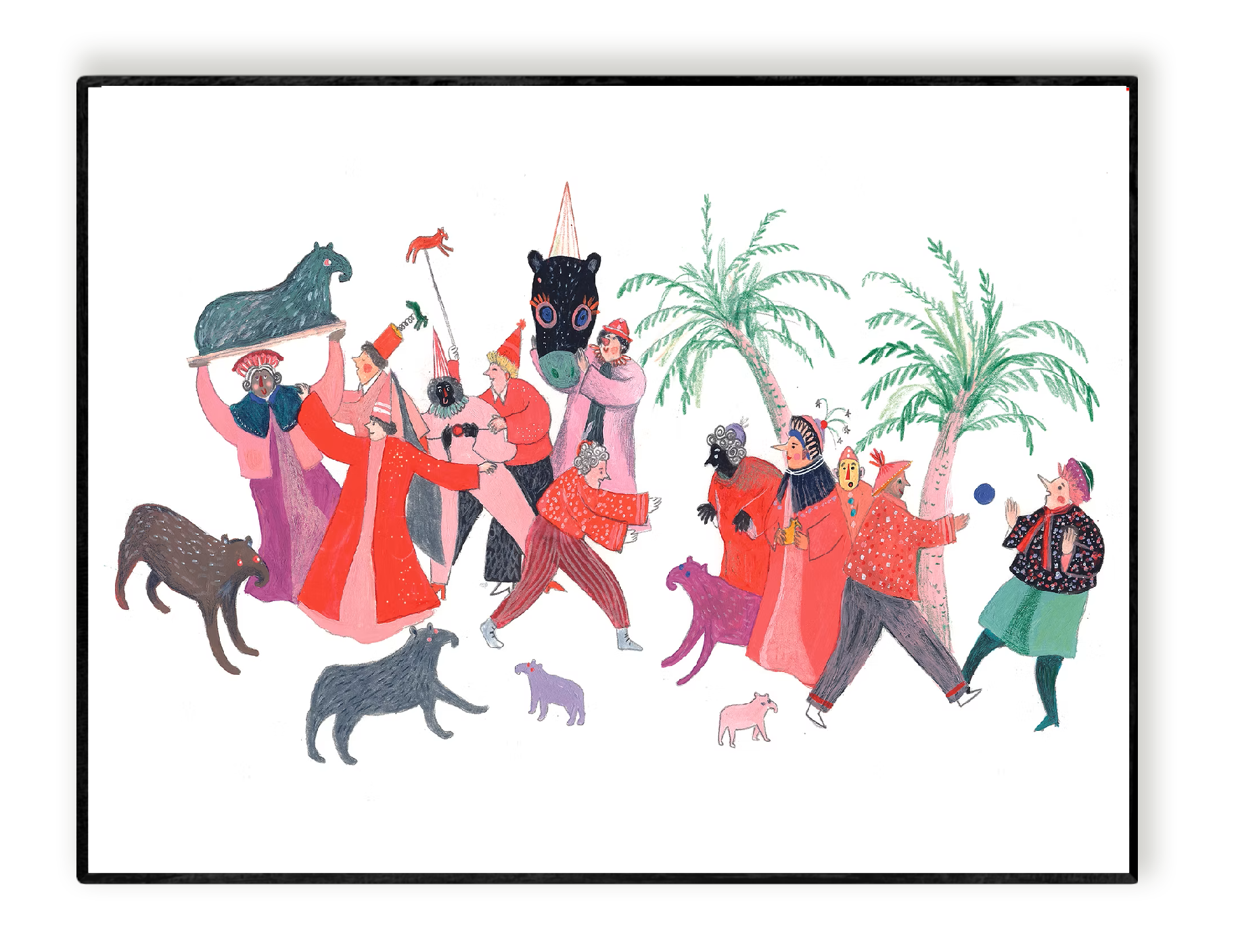 Digital art print "Roze aanbidding der snoetbeesten" by Belgian illustrator Louise de Meester, featuring a lively group of colorful, whimsical animals in pink, red, and green tones. Perfect for playful home decor and contemporary illustration collectors.