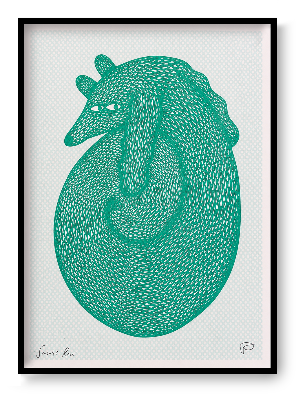 Green risograph illustration of a curled-up fantasy animal with dense hand-cut fur textures and a pale mint dotted background, portrait A3 wall art for playful contemporary interiors.