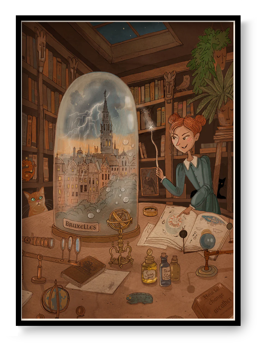 School of Magic by Lena Yampolski featuring a young witch in a magical library filled with books, potions, celestial objects and a Brussels cityscape under a glass dome. Warm fantasy illustration in earthy tones, vertical giclée wall art for cozy home decor.