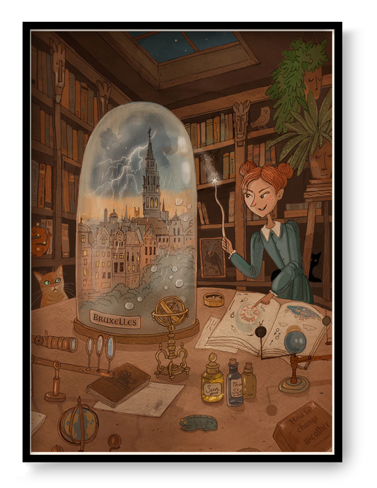 School of Magic by Lena Yampolski featuring a young witch in a magical library filled with books, potions, celestial objects and a Brussels cityscape under a glass dome. Warm fantasy illustration in earthy tones, vertical giclée wall art for cozy home decor.