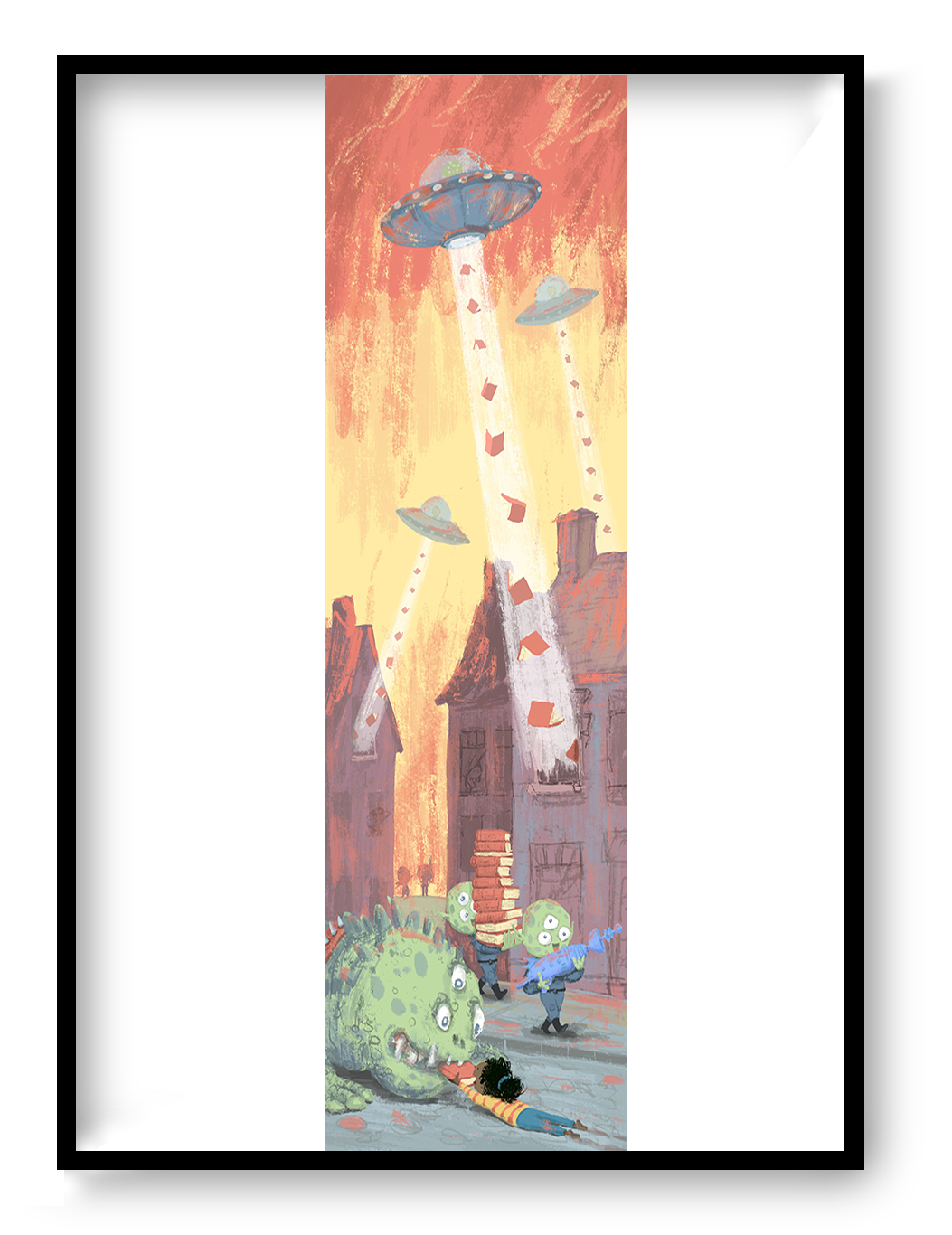 Science Fiction giclée art print by Willy Leung showing an alien invasion where UFOs abduct stacks of books from a surreal town, vertical narrative illustration on fine art paper.