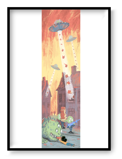 Science Fiction giclée art print by Willy Leung showing an alien invasion where UFOs abduct stacks of books from a surreal town, vertical narrative illustration on fine art paper.