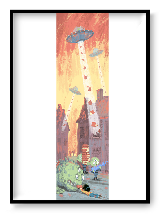 Science Fiction giclée art print by Willy Leung showing an alien invasion where UFOs abduct stacks of books from a surreal town, vertical narrative illustration on fine art paper.
