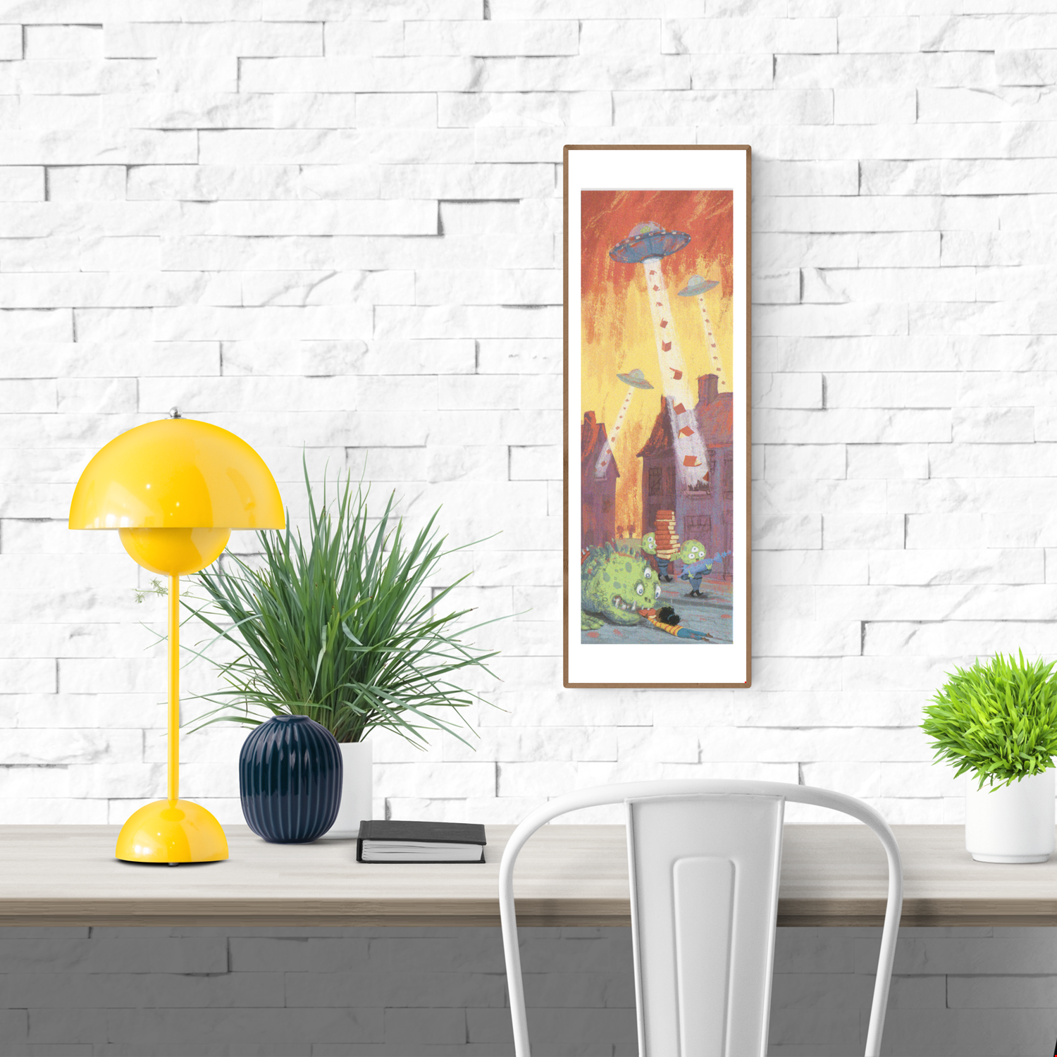 Science Fiction giclée art print by Willy Leung showing an alien invasion where UFOs abduct stacks of books from a surreal town, vertical narrative illustration on fine art paper.